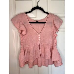 American Eagle Babydoll Ruffle‎ Sleeve Button Front Peplum Blouse Pink Medium